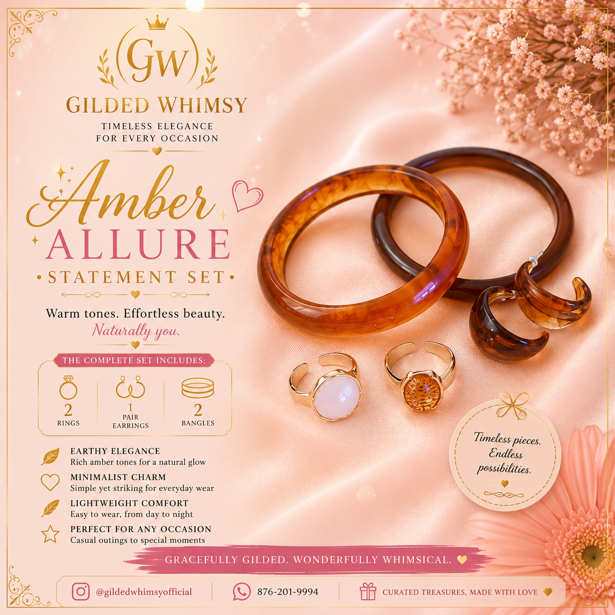 Amber Allure jewelry set with two amber-toned bangles, two rings and a pair of earrings