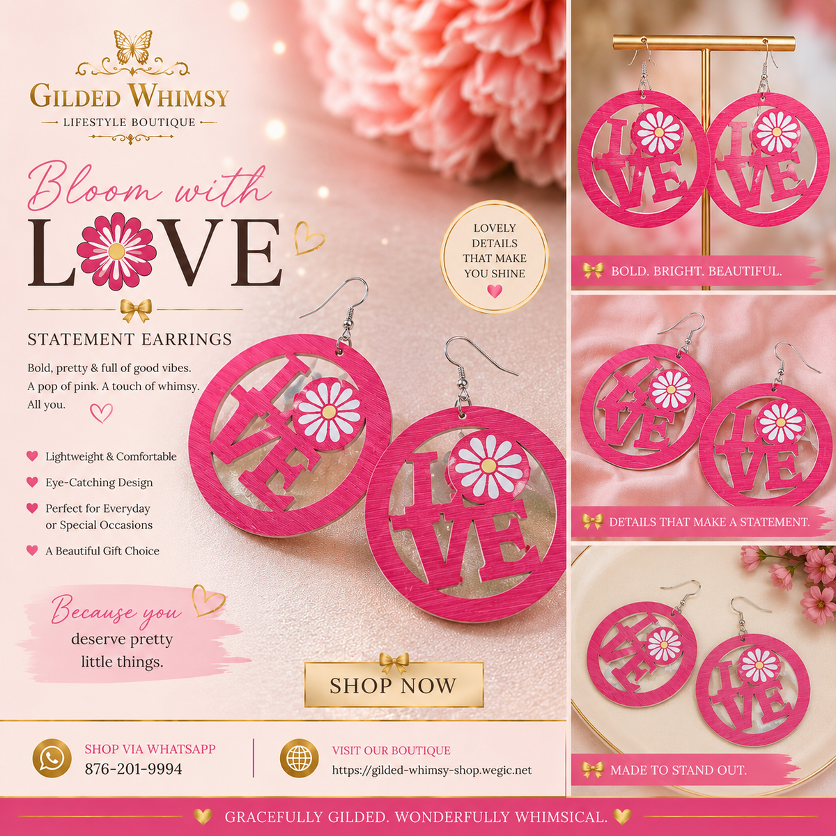Pink round LOVE statement earrings with white flower detail