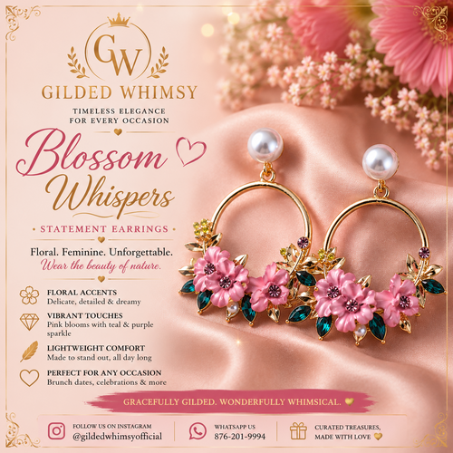 Blossom Whispers floral statement earrings with pink blossoms and teal accents