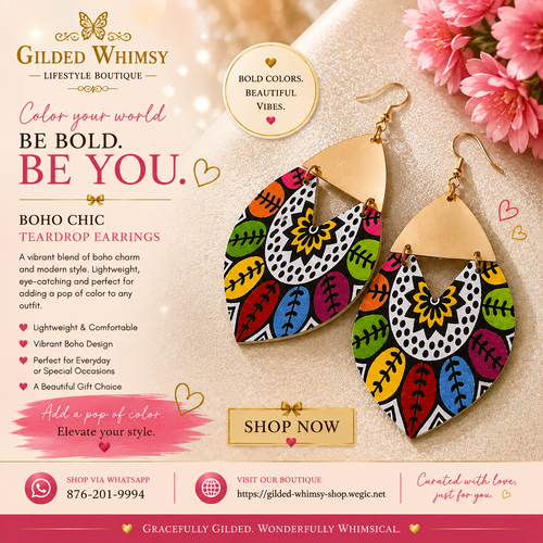 Boho Chic teardrop earrings with colorful patterned drops and gold-tone accents