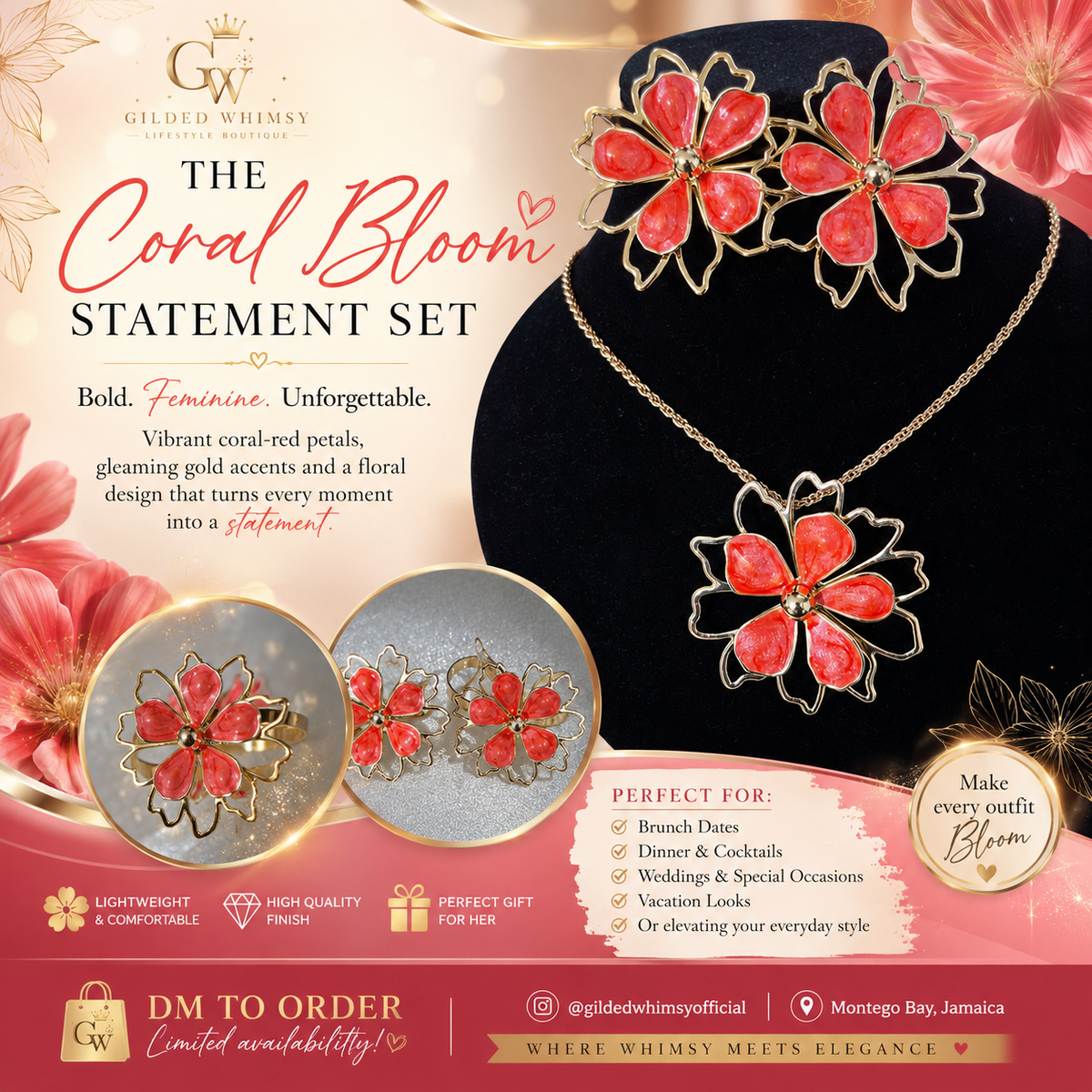 Coral-red floral pendant necklace, earrings and ring