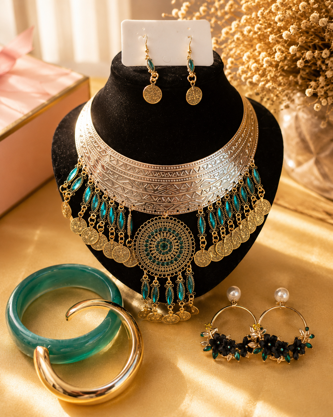 Golden Empress gold-tone necklace set with green accents and matching earrings