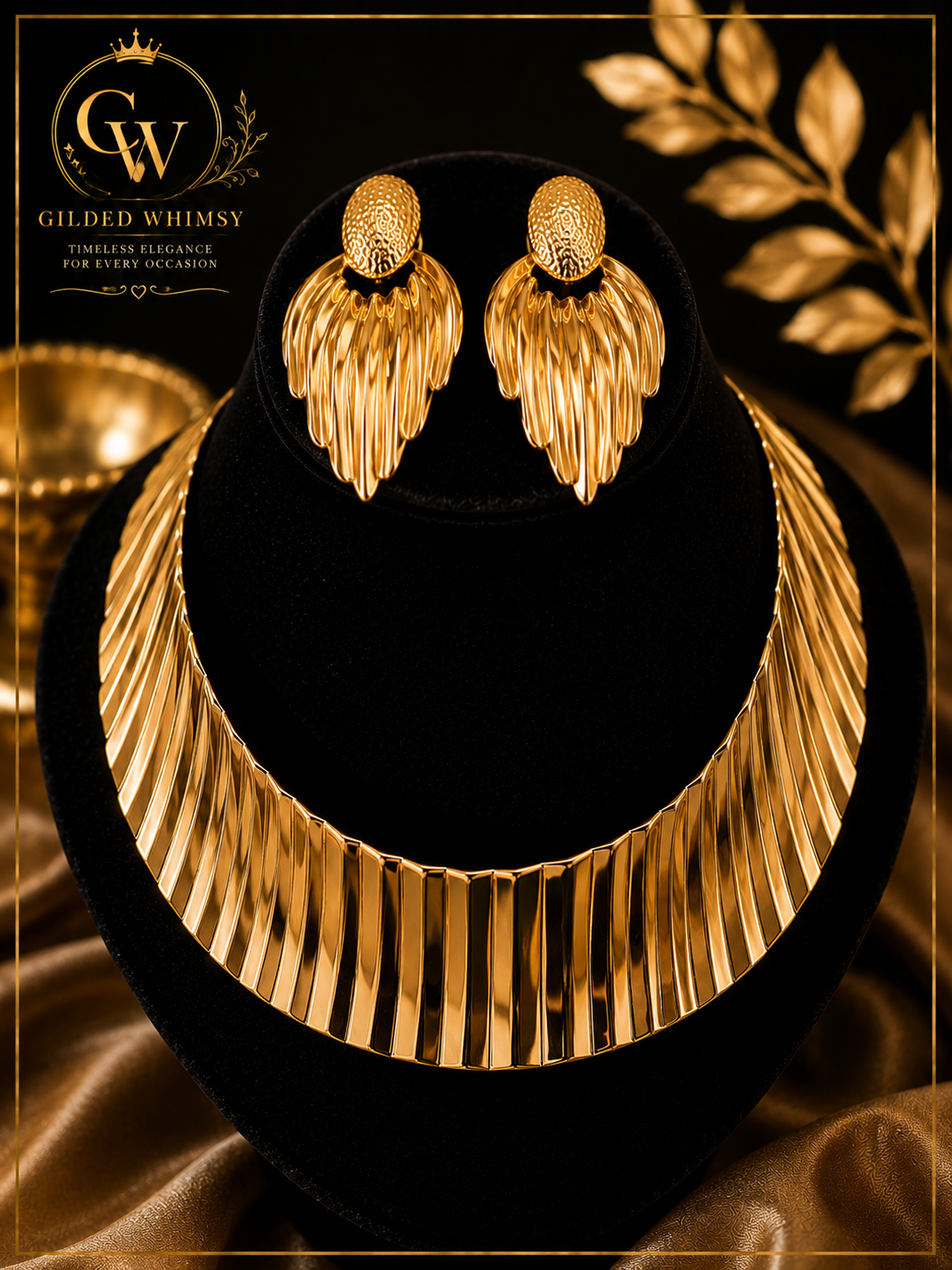 Golden Legacy sculptural gold-tone statement necklace and matching earrings