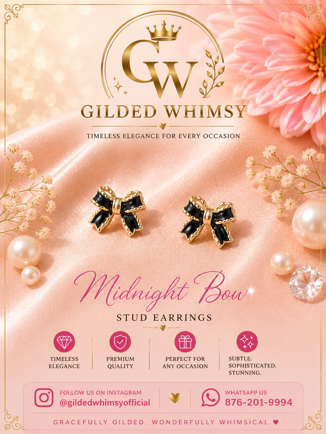 Black and gold-tone Midnight Bow stud earrings