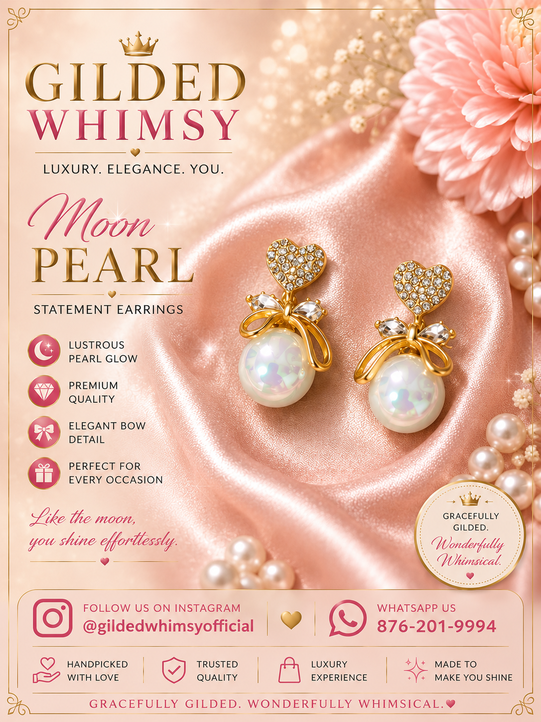 Moon Pearl heart and bow statement earrings with pearl-look drops