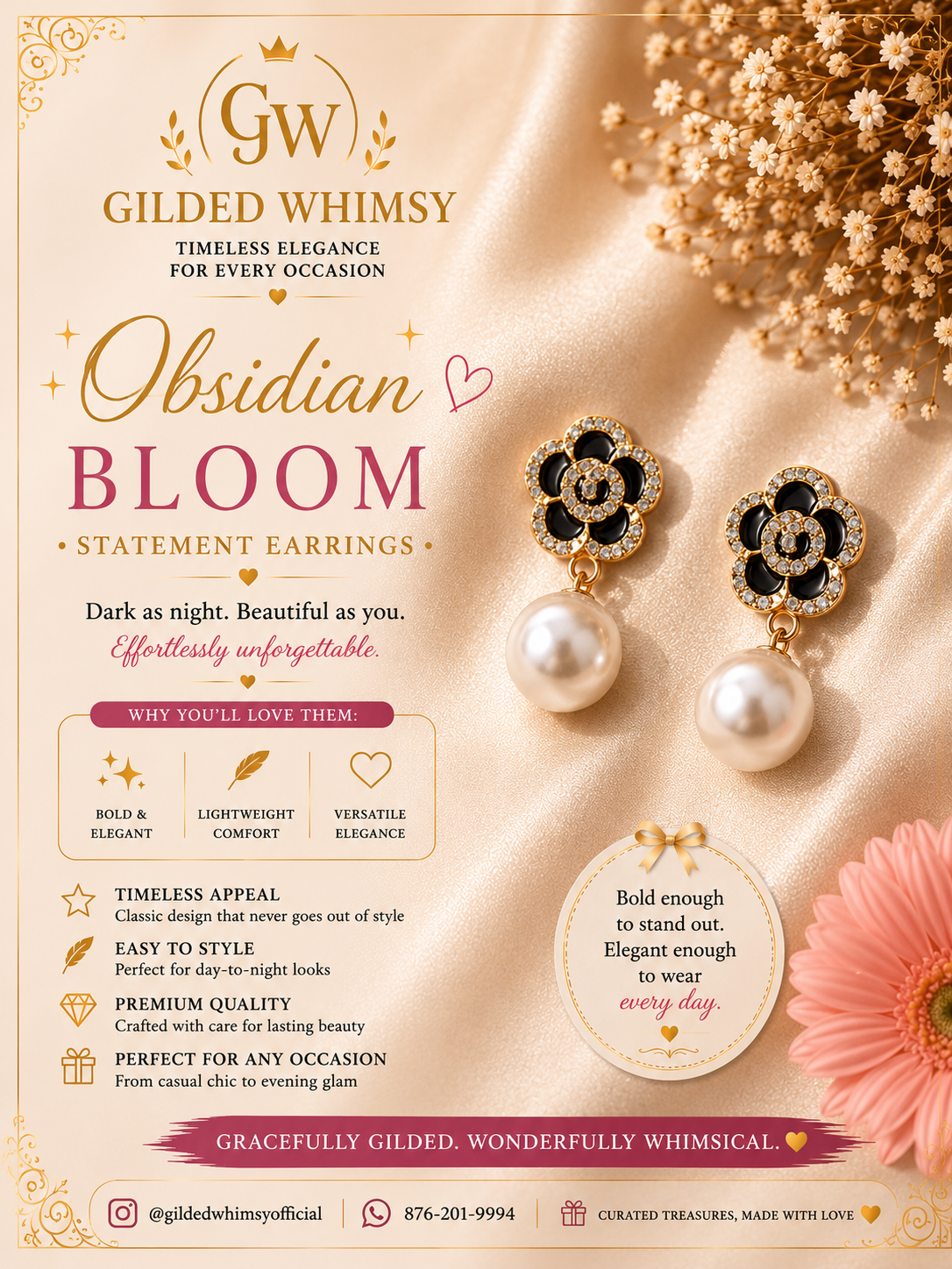 Black floral Obsidian Bloom earrings with pearl-look drops