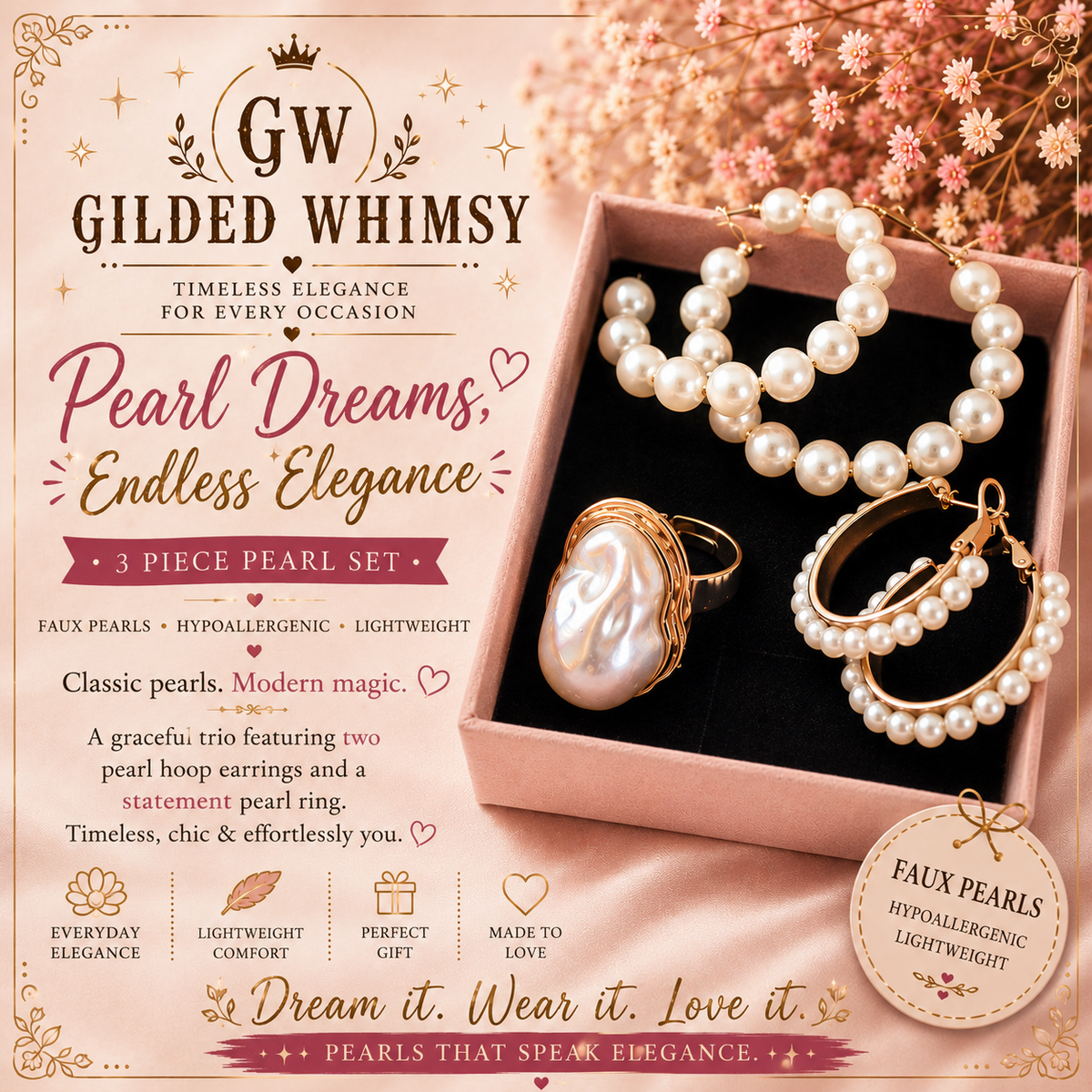Pearl Dreams faux pearl hoop earrings and statement ring