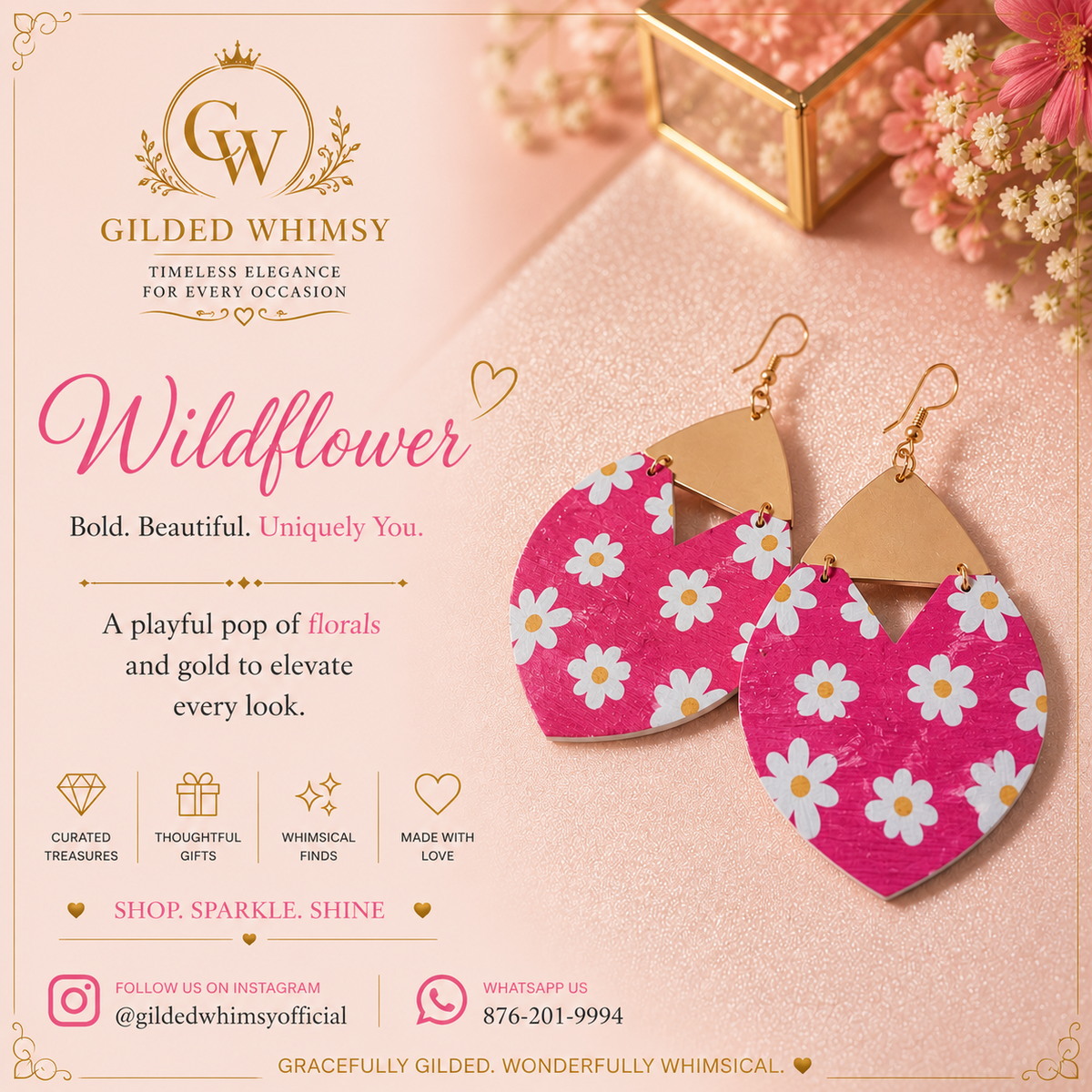 Pink floral Wildflower drop earrings with daisy pattern